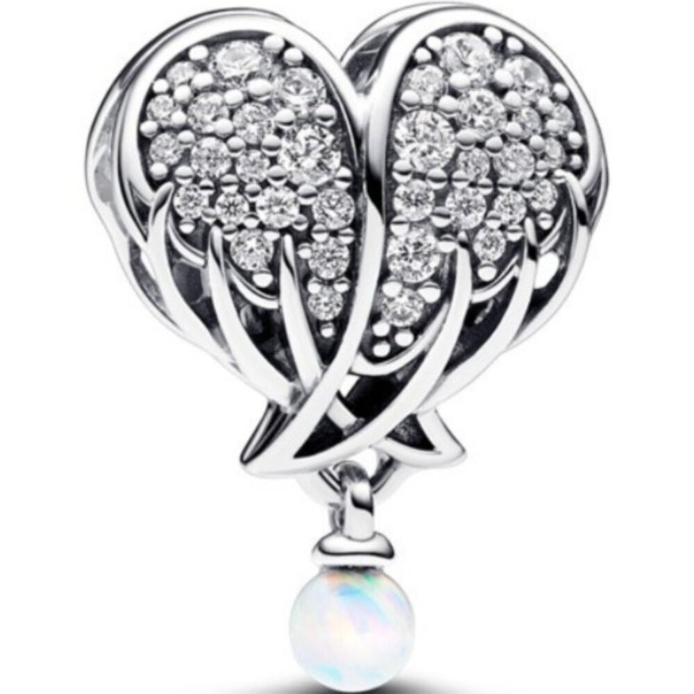 Auth Pandora Sterling Silver Sparkling Angel Wings & Heart Charm w/ Clear CZ